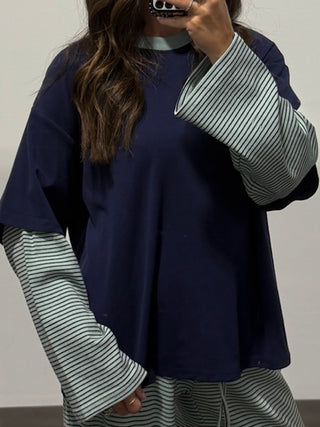 Double Up Oversized Long Sleeve Tee | Navy Lagoon