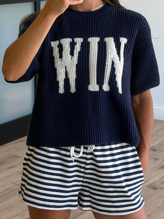 "WIN" Sweater Knit Top | Navy