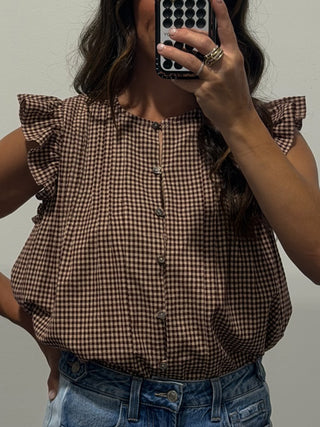 Adela Flutter Button-Front Blouse | Burgundy Plaid