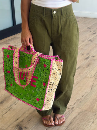 "LOVE" Bandana Quilted Tote Bag | Green