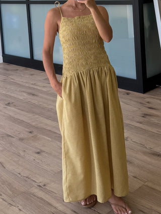 Golden Pine Smocked Drop Waist Dress