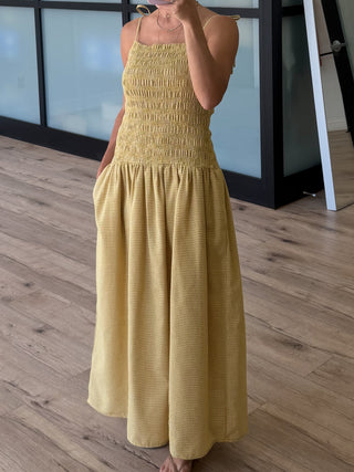 Golden Pine Smocked Drop Waist Dress