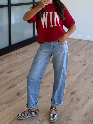 "WIN" Sweater Knit Top | Crimson