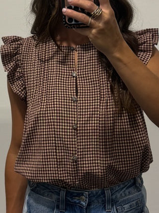 Adela Flutter Button-Front Blouse | Burgundy Plaid