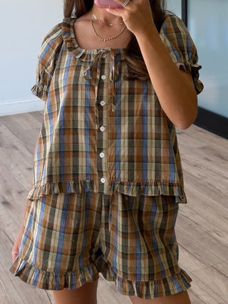 Saddlewood Plaid Ruffle Trim Shorts
