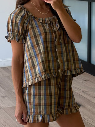 Saddlewood Plaid Ruffle Trim Shorts