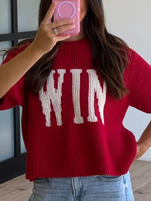 "WIN" Sweater Knit Top | Crimson