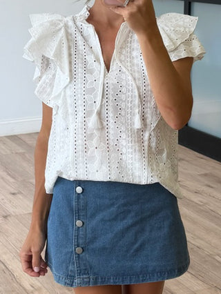 Zia Eyelet Flutter Sleeve Top | White
