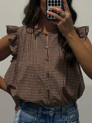 Adela Flutter Button-Front Blouse | Burgundy Plaid