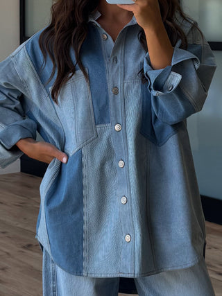 Bleu Denim Colorblock Shacket | RESTOCK