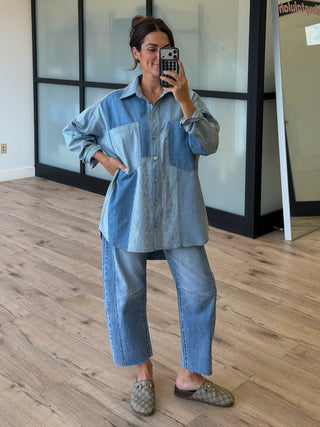 Bleu Denim Colorblock Shacket | RESTOCK