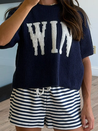 "WIN" Sweater Knit Top | Navy