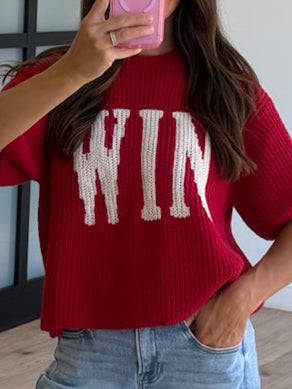 "WIN" Sweater Knit Top | Crimson