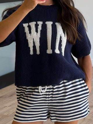 "WIN" Sweater Knit Top | Navy