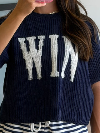 "WIN" Sweater Knit Top | Navy