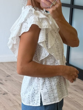 Zia Eyelet Flutter Sleeve Top | White