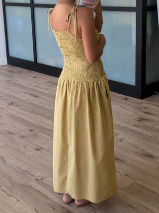 Golden Pine Smocked Drop Waist Dress