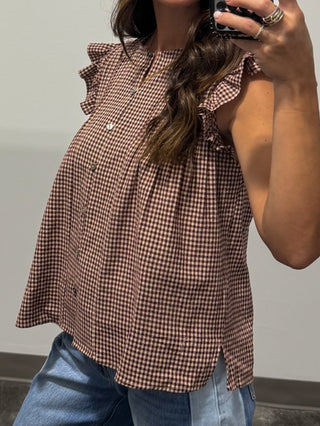 Adela Flutter Button-Front Blouse | Burgundy Plaid
