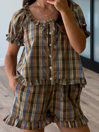 Saddlewood Plaid Ruffle Trim Shorts